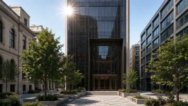 Civic District tower and accessible stone entry in bright city light
