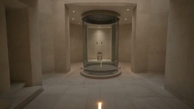 A quiet glass evaluation well in a pale stone room
