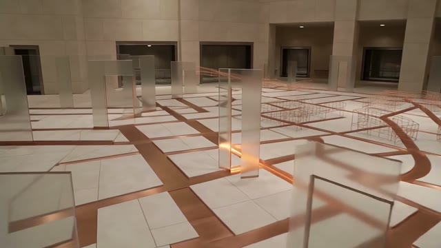 An architectural map of paths and boundaries across a pale stone floor