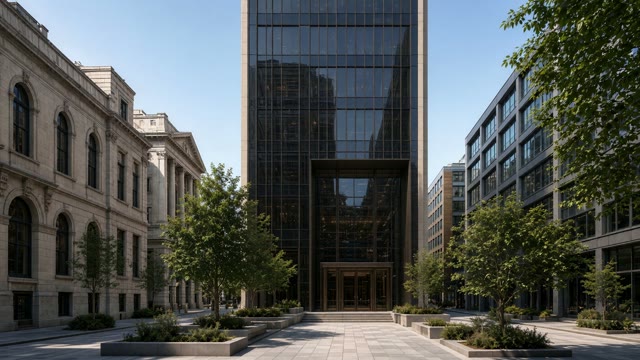 The Civic District tower seen from its accessible stone entry
